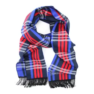 Wholesale Long Warm Brush Soft Men Women Viscose Polyester Blue Red White Plaid Checkered Embroidery Custom Woven Jacquard Scarf