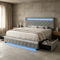 Cadre de lit multifonctionnel à LED réglable avec tiroirs de rangement sous le lit, lit plateforme rembourré en velours doux, design européen pour chambre à coucher