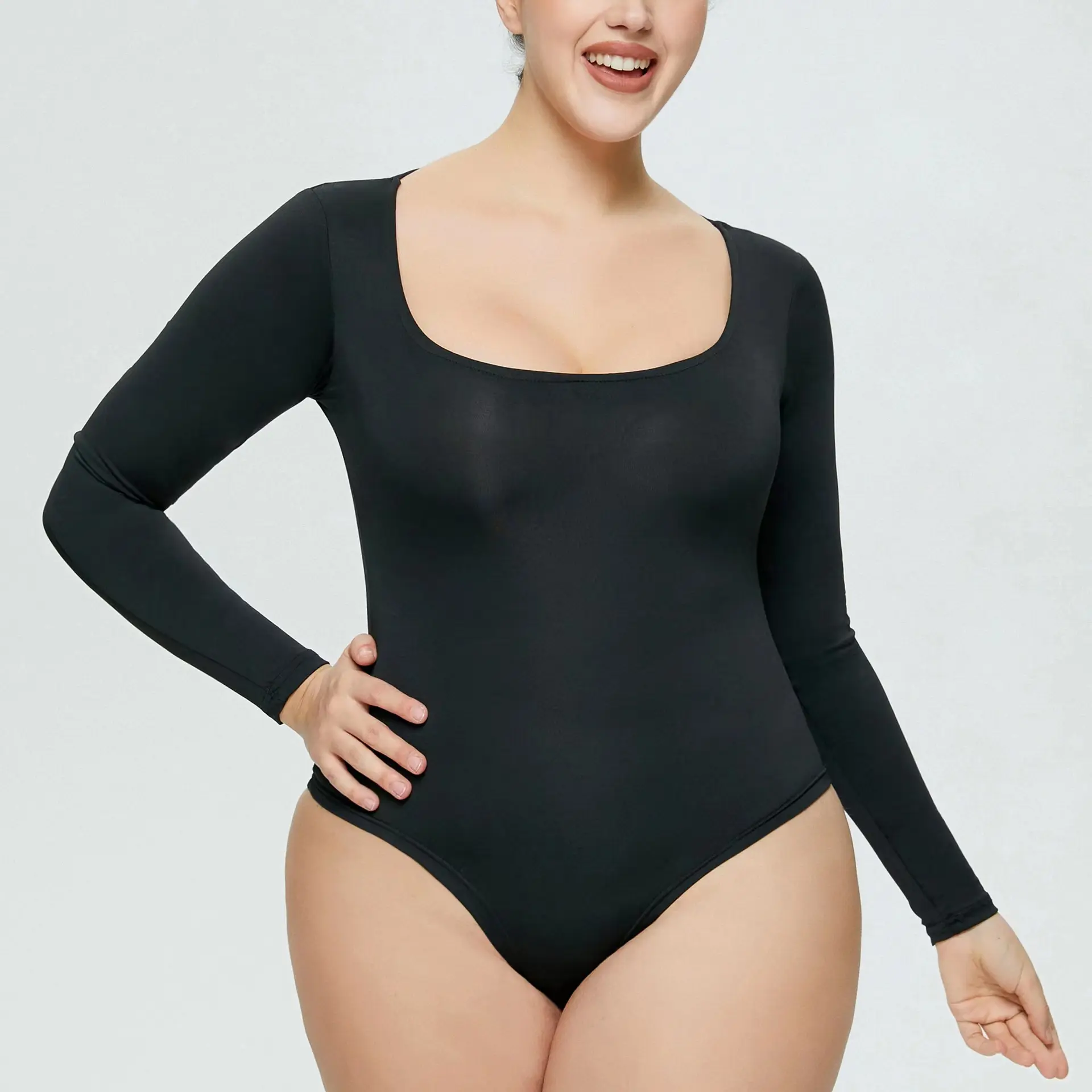 Vierkante Hals Jumpsuit Billen Lifting Driehoek Slipje Top Met Lange Mouwen Plus Maat Korset Afslankende Body Shaper Bodysuit