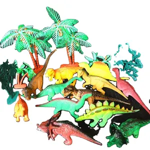 Hot sale plastic animal toy dinosaur model OPP bag, a pack of 12 dinosaurs and 6 trees