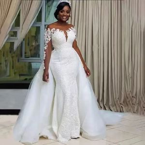 <b>White</b> <b>Lace</b> Mermaid Wedding Dress Sweetheart Neckline Long Sleeve Natural Waist <b>White</b> Color Polyester Fabric Adult Bridal Gown - Product Image 1