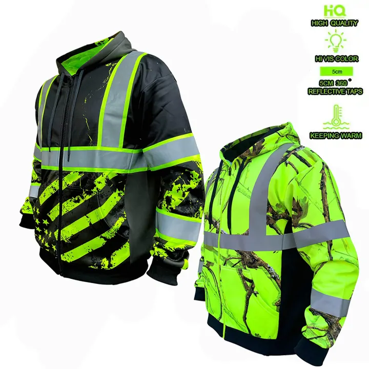 Felpe riflettenti a fluorescenza verde 3D con cerniera di sicurezza con cappuccio alta Viz felpa da lavoro giacca visibilizzata