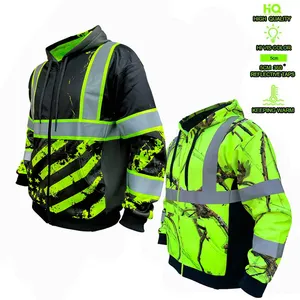 Reflective Fluorescence Green 3D Backwoods Safety Zipper High Viz Work Hoodies Hi Vis Fleeced Sweatshirt Visibility Jacket