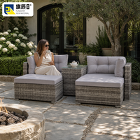 Canapé modulaire d'extérieur en 5 pièces, en osier gris, avec ottoman et table en verre