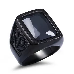 Cheap Wholesale Dainty Design Rectangle Jewellery Fashion Engraved Black Stone Men Surgical Stainless Steel Signet Finger Ring