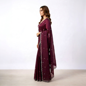 Elegant Maroon Floral Flock Printed Silk <b>Saree</b> <b>Women</b> Party Wear Regular Fit Length Wrinkle Free Quick Dry Multi-Occasion West - Product Image 1
