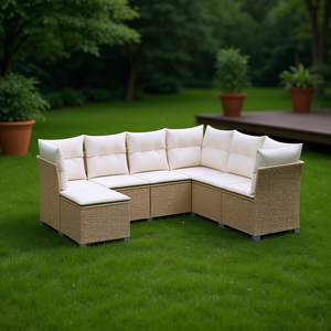 Conjunto de Sofás de Patio de Mimbre Sintético Beige para 6 Personas, Muebles de Jardín de Diseño Contemporáneo con Estructura de Acero - Product Image 3
