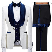 Costume de Mariage Homme XS-6XL, Veste Fleurie Slim Fit, Smoking Bleu Marine à Revers en Velours, Idéal Garçon d'Honneur et Fêtes