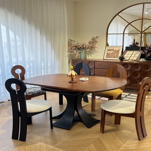 French Retro-style Full <b>Solid</b> <b>Wood</b> Round Dining <b>Table</b>, Black Modern Design, Suitable for Small Family Apartments and Hotels. - Product Image 1