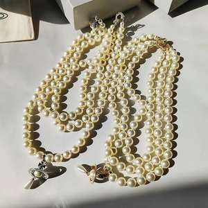 Nana Saturn Pearl <b>Necklace</b> 3D Stereo UFO Planet Pendant Multilayer Bamboo Chain <b>Choker</b> Sporty Style Aesthetic Jewelry Galaxy Orb - Product Image 4