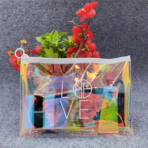 Customized Hologram PVC Plastic Zipper Bag Laser Slider Pouch Holographic Package Pouches For Cosmetic Makeup Skin Care Products