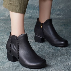 Nouvelles Bottines Femme Automne Style Ethnique Rétro en Cuir de Vachette à Talon Carré et Fermeture Éclair Latérale, Bout Rond, Talon Chaton - Product Image 3