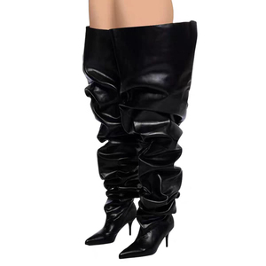 Bottines plissées à talon aiguille pour femme, coupe large, au-dessus du genou, style ample et sexy, à bout pointu - Product Image 1