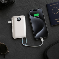 Batterie externe portable avec câbles intégrés, prise murale, 10000 mAh, Li-Polymère, 4 sorties, charge rapide USB-C 22,5 W, format slim, affichage LED, beige