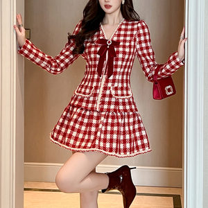 ZYHT 21509 autunno inverno abiti natalizi festa di compleanno <span class=keywords><strong>a</strong></span> maniche lunghe Plaid in lana corta Tweed abito di lana per le donne - Product Image 3