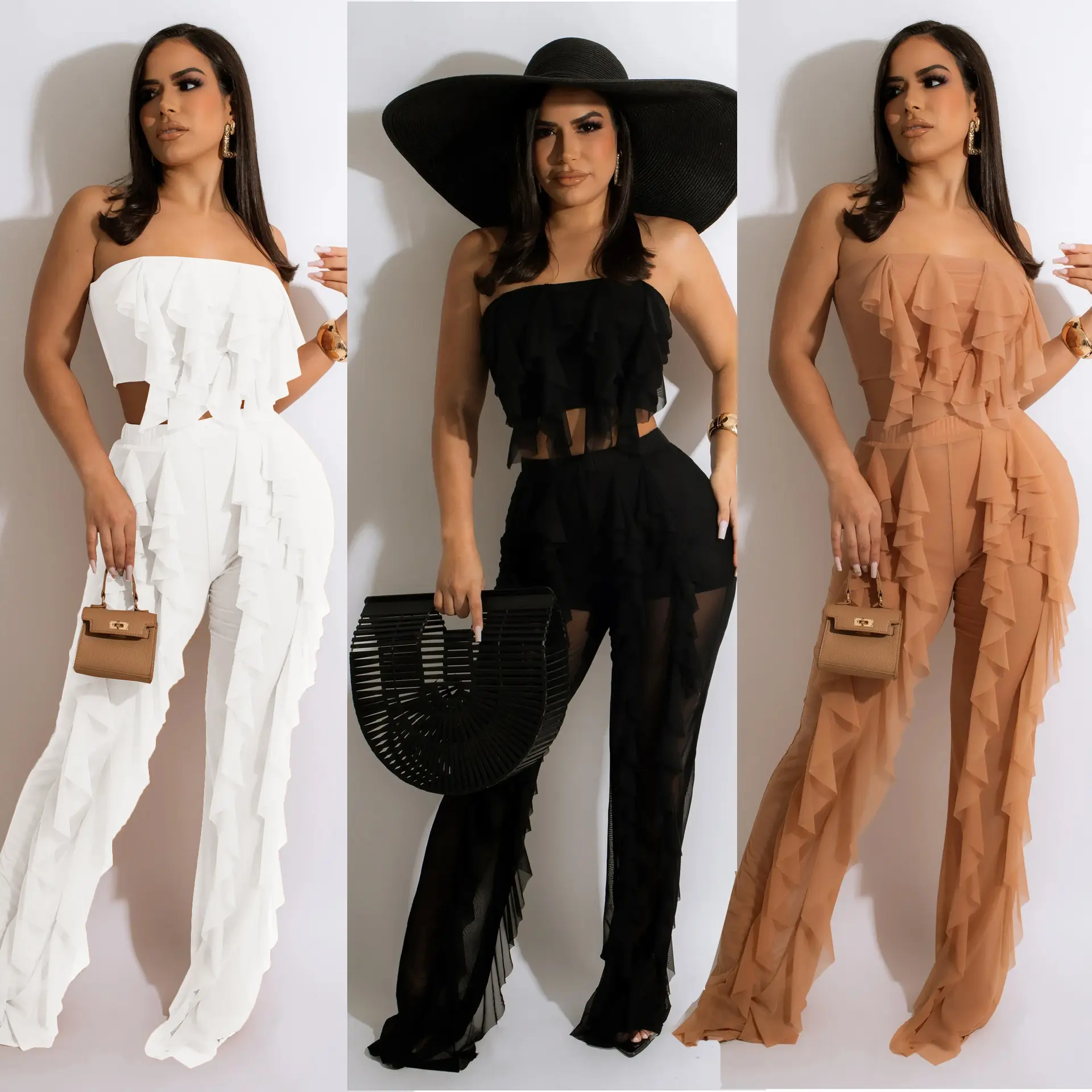 2024 Summer Women Fashionable strapless sheer mesh wrap corset wide-leg pants beach suit