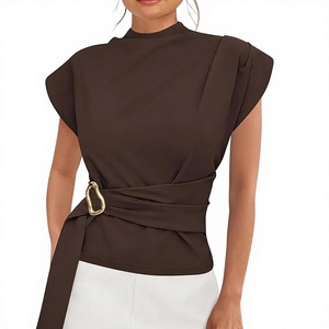 Blouses pour femmes, élégantes, à manches courtes, col montant, chemises de travail, tuniques, hauts décontractés d'été pour le bureau 2026 - Product Image 2