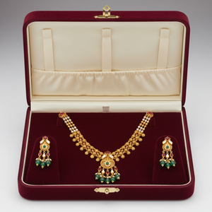 Conjunto de Collar de Oro con Colgante en Forma de Lágrima, Racimos de Cuentas Verdes, Detalles de Piedras de Rubí y Pendientes Colgantes - Product Image 3