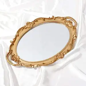 Оптовая продажа, круглые шармы для хранения роскошного стеклянного туалетного столика, золотой акриловый декоративный зеркальный лоток в стиле ретро, поднос для ванной