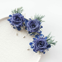 Boutonnière artificielle faite main Rose Bleue avec Hortensia et Verdure pour Mariage, Marié, Bal de Promo, Costume, Revers de Veste
