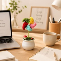 Petit moulin à vent en crochet fait main, plante en pot blanche, décoration de bureau, ornement de maison, fleur tricotée, cadeau artisanal