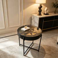 Table d'appoint décorative ronde avec horloge, cadre en métal noir, chiffres romains, pour salon et couloir