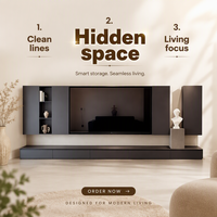 Moderner Minimalistischer Schwebender TV-Schrank Integrierte Medienwand mit Steinstruktur-Paneelen und Ambiente-LED-Beleuchtung