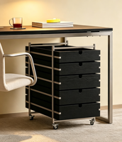 Lemari Penyimpanan Kayu Solid Modern Modular Mobile 5-Laci dengan Rangka Baja Brushed, Akses Laci Dua Sisi, dan Roda Pengunci