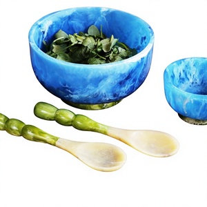 Ensemble de bols en résine époxy artisanale de qualité supérieure, cuillères perlées, motif marbré bleu, design moderne, pour la maison, plat de service pour condiments - Product Image 1