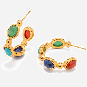 Pendientes Huggie de Aleación de Zinc con Piedra Natural, Engaste de Bisel Geométrico en Forma de C, Joyería de Lujo Ligero con Baño de Oro de 18K - Product Image 1