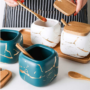 Nuovi arrivi condimento contenitore di marmo di <span class=keywords><strong>ceramica</strong></span> sale barattolo di <span class=keywords><strong>spezie</strong></span> con con coperchio di bambù e cucchiaio - Product Image 4