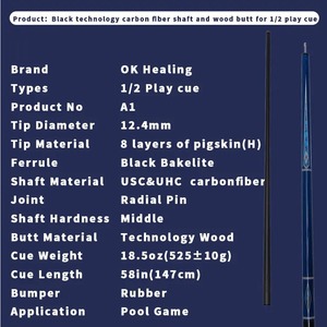 Ok Healing 1 2 Play Cue, pointe de 12,4 mm, fût en fibre de carbone, poignée en bois, pour jeu de billard - Product Image 1