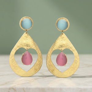 Boucles d'oreilles pendantes en pierre précieuse bleu clair en forme de goutte d'eau dorée, tourmaline rose, plaqué or hydro, ethniques, faites à la main - Product Image 3