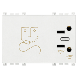 Enchufe Blanco para Aparatos Médicos, Doble Voltaje 230V/120V, con Ícono de Estetoscopio - Product Image 1