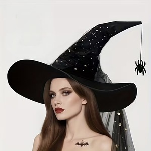 Chapeau de Sorcière d'Halloween pour Femme, Noir Plissé, avec Pendentif Araignée et Chauve-souris, pour Fête, Cosplay, Chapeau Magique Torsadé, Masquerade - Product Image 5