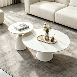 Ensemble de tables basses gigognes modernes avec accents or blanc, plateau en marbre, piédestal conique, style luxe léger, pour salon et hôtel - Product Image 6