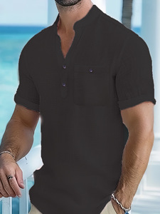 Nouveau T-shirt à col montant en lin à manches courtes pour homme – Chemise décontractée fine et ample en coton et lin – Vêtements pour homme - Product Image 2