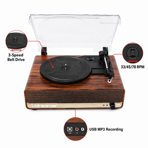 Tourne-disque vintage en bois à 3 vitesses avec haut-parleurs stéréo intégrés sans fil et cache anti-poussière transparent - Product Image 5