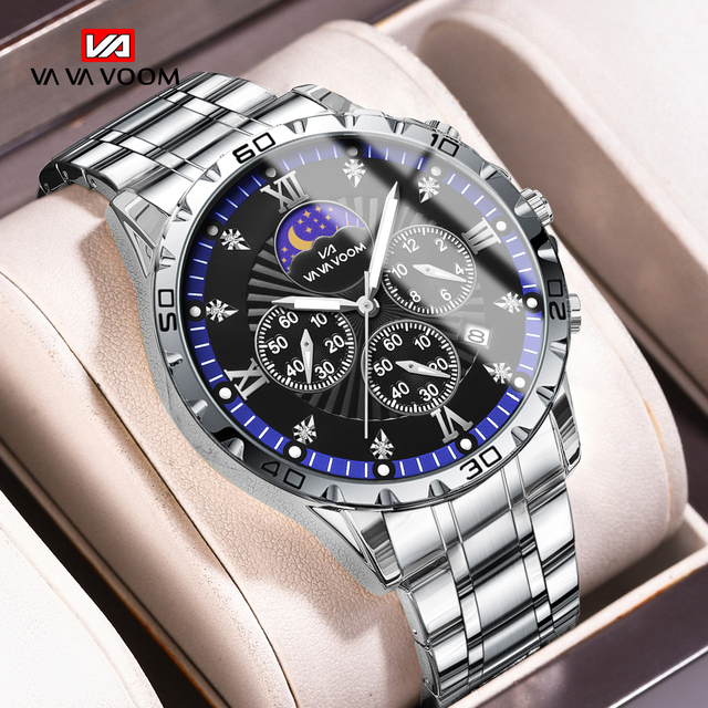 VA VA VOOM Causal Waterproof Multifunctional Chronograph Wristwatch Wholesale Skeleton Luminous Moon Phase Quartz Watch for Men