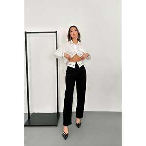Pantalones de Mujer de Cintura Alta, Corte Recto, Tela de Lana, Antiarrugas, Color Negro - Product Image 3