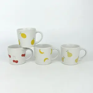 300ml matte glaze ceramic mug V shape coffee mug with silk screen design in two colors fruits cherry pear banana lemon