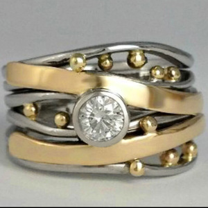 Anillo Elegante de Dos Tonos con Cuentas Cruzadas, Diseño Geométrico Minimalista, Joyería de Moda para Mujer, Uso Diario, Regalo Chic - Product Image 1