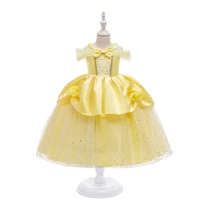 Beautiful Yellow Roses Belle Princess Dress Off Shoulder Layered Dresses Ball Gown Cute Belle Costume For Kids Girl