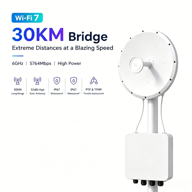 WiFi7 5764Mbps 6GHz 30KM Long Range High Power Paraboloid Outdoor Wireless Bridge P2P CPE IP67 Waterproof Industrial Grade