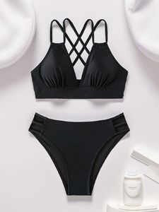 Wholesale <b>Sexy</b> Solid Color V Neck Backless <b>Bikini</b> High Cut 2-Piece <b>Set</b> Swimwear Front Logo Made of Spandex/Nylon Hollow Design - Product Image 4