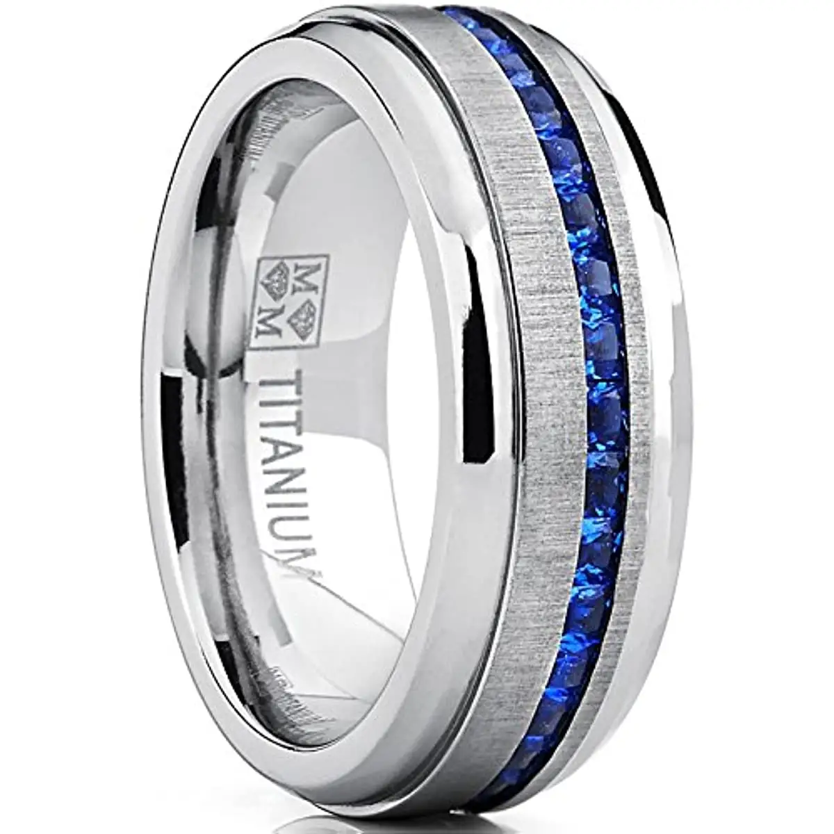 Anillo de compromiso de boda de acero de titanio Eternity para hombre con zafiro simulado azul Zirconia cúbica princesa CZ anillo