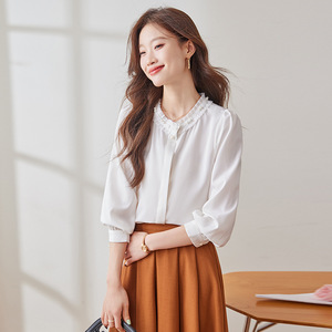 Women's Blue Chiffon Blouse With Ruffle Collar Long Sleeve Elegant Top For Everyday Wear - Product Image 4