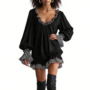 ชุดเดรสมินิสีดำสำหรับผู้หญิง - ชุดเดรสลำลองคอวีลายทางแขนยาวทรงหลวม ชุดเดรสแฟชั่นสำหรับผู้หญิง - Product Image 5