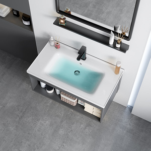 Mueble de Baño Moderno de Aluminio Espacial, Colgante de Pared, con <span class=keywords><strong>Lavabo</strong></span> de Piedra Sinterizada, Espejo Inteligente Antivaho e Impermeable, Gris, para Hotel - Product Image 5