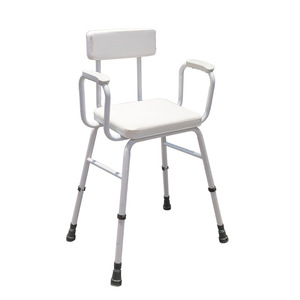 Taburete alto con respaldo, estructura de hierro estable para uso en el baño por personas mayores, disponible en colores blanco y azul. - Product Image 3